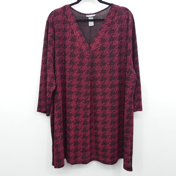 Catherines Houndstooth Print Tunic Top Size 2X 22/24W Red Black Stretch Relaxed - Picture 1 of 6